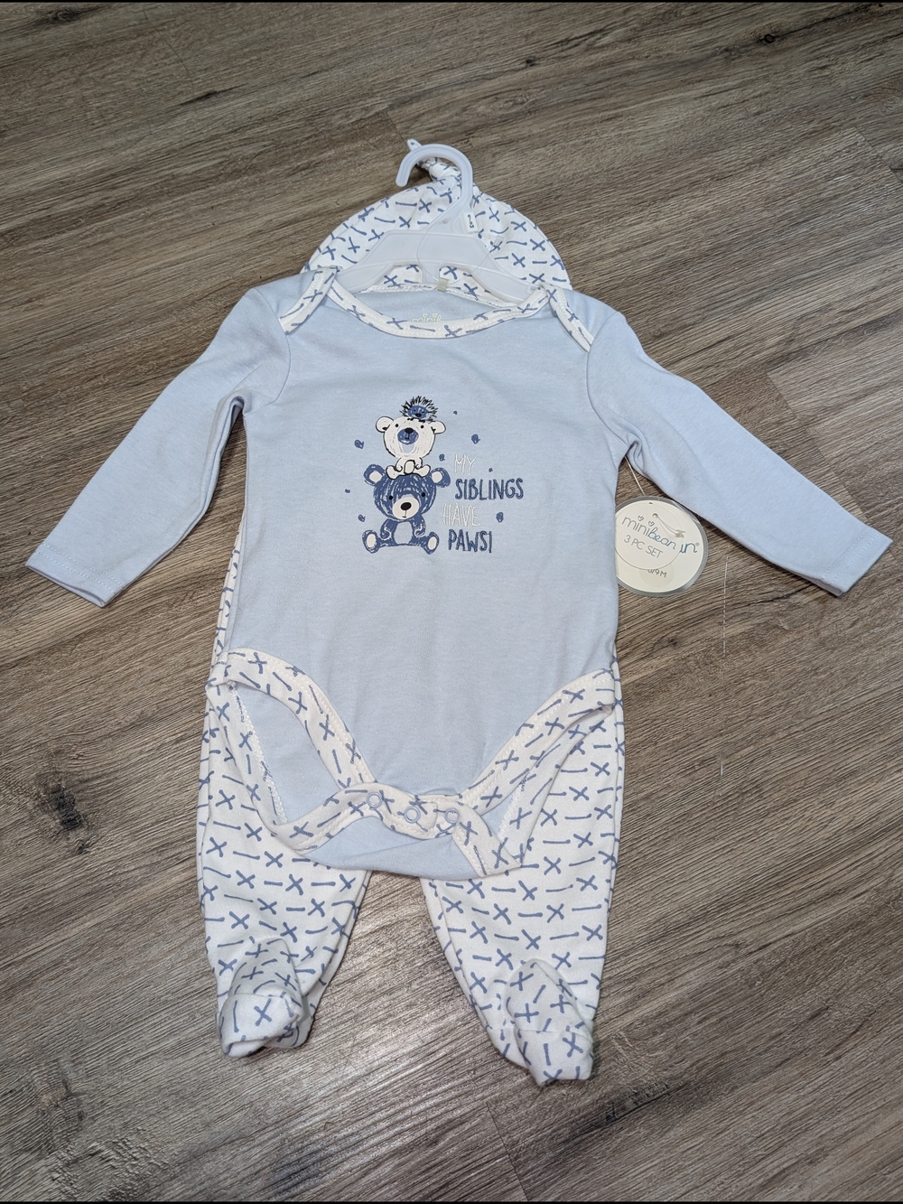 Light Blue 6-9mo Baby 3-Piece Matching Set Footed Pants Hat Long Sleeve Bodysuit